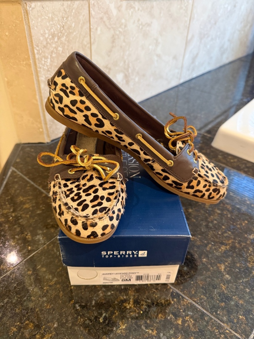 Sperry Leopard Print Pony Hair Moccasins with Brown Trim
